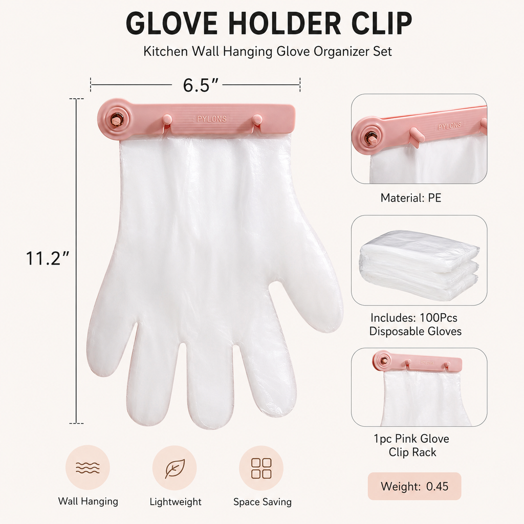 Kitchen Wall Hanging Glove Organizer Set, 100Pcs Lazy Disposable Gloves with 1pc Pink Glove Clip Rack for Restaurant, Hotel, Household Cleaning