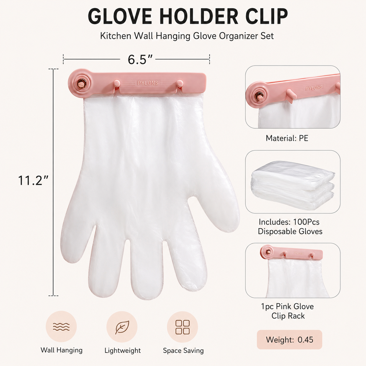 Kitchen Wall Hanging Glove Organizer Set, 100Pcs Lazy Disposable Gloves with 1pc Pink Glove Clip Rack for Restaurant, Hotel, Household Cleaning