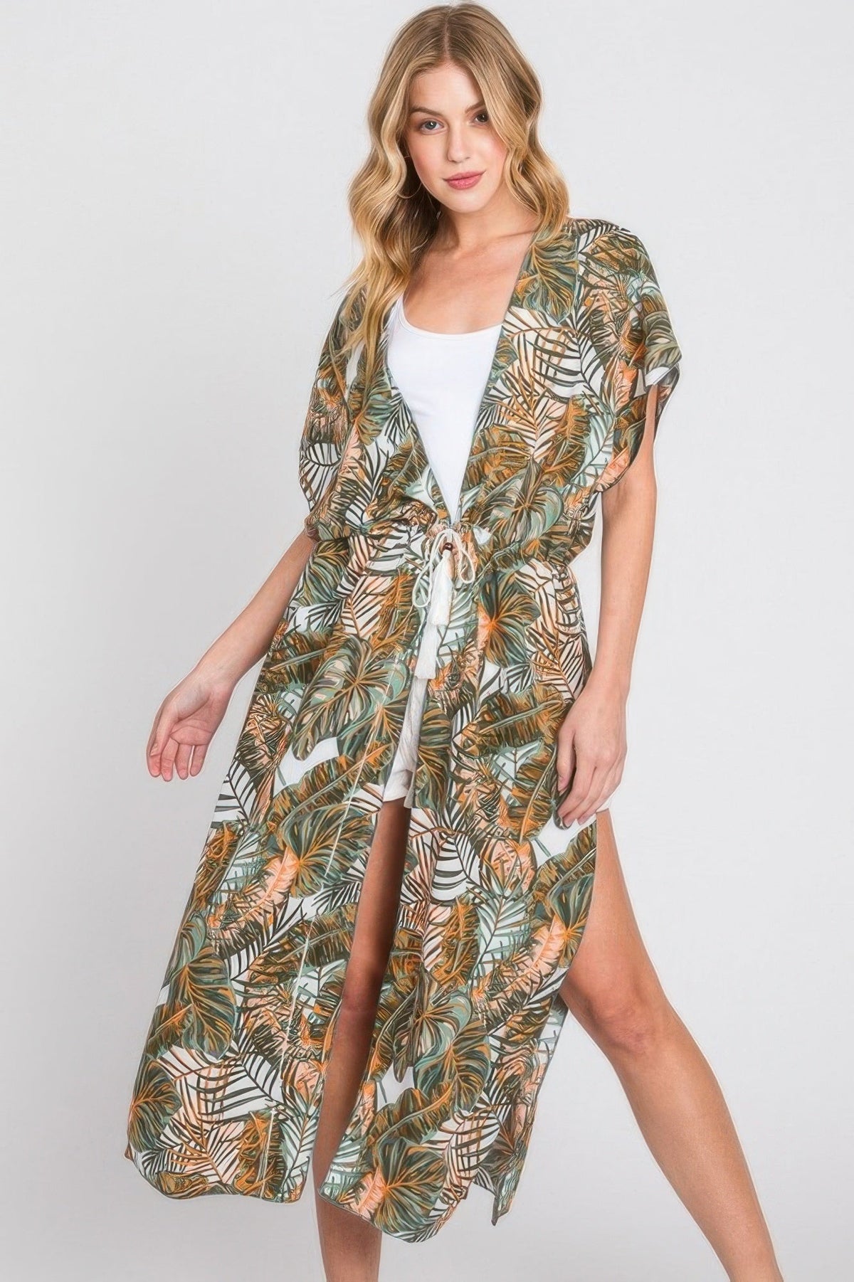 Tropical Leaves Print Self-tie Drawstring Cover Up