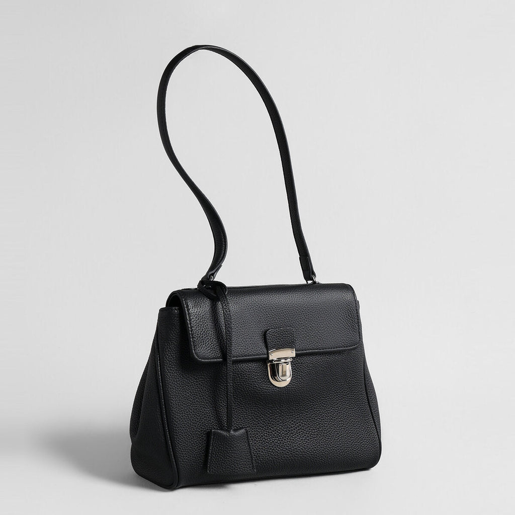 Pebbled Calfskin Messenger Bag – Flap-Top Push-Lock Shoulder Bag with Adjustable Strap
