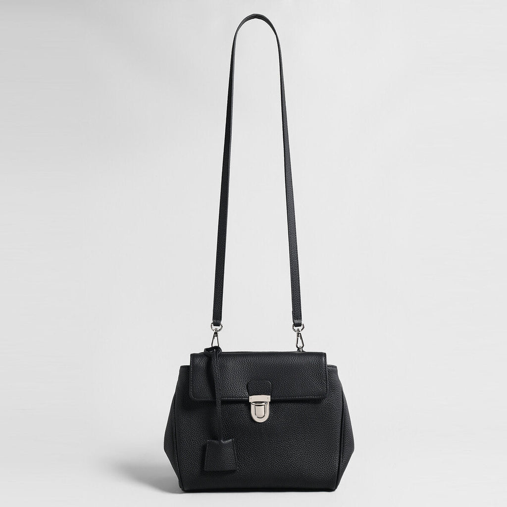Pebbled Calfskin Messenger Bag – Flap-Top Push-Lock Shoulder Bag with Adjustable Strap