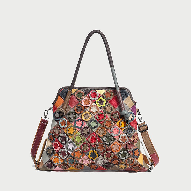 Rainbow Floral Patchwork Leather Tote Bag – 3D Flower Appliqué Cowhide Shoulder & Crossbody Bag
