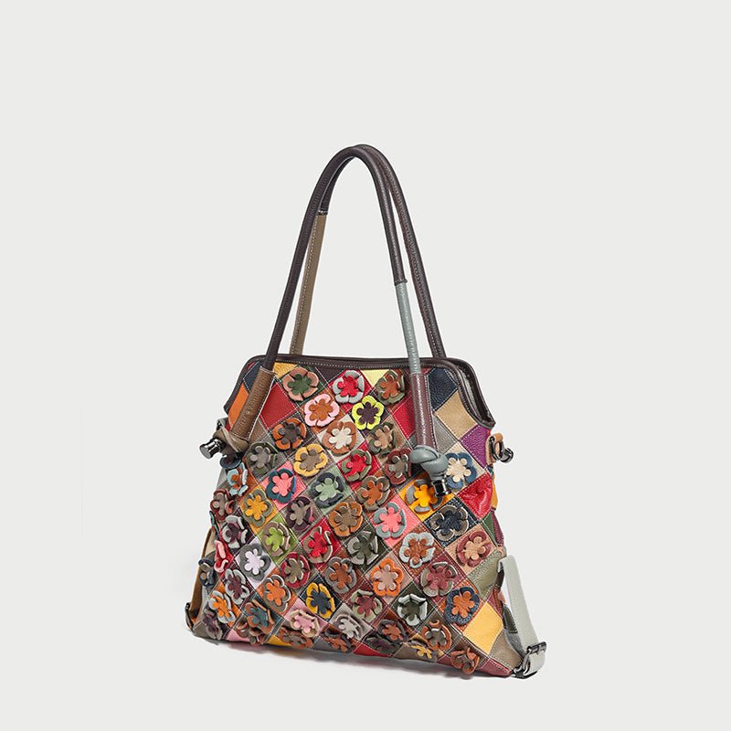 Rainbow Floral Patchwork Leather Tote Bag – 3D Flower Appliqué Cowhide Shoulder & Crossbody Bag
