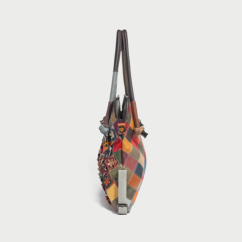 Rainbow Floral Patchwork Leather Tote Bag – 3D Flower Appliqué Cowhide Shoulder & Crossbody Bag
