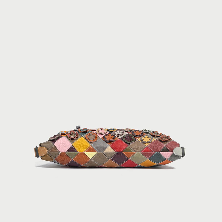 Rainbow Floral Patchwork Leather Tote Bag – 3D Flower Appliqué Cowhide Shoulder & Crossbody Bag